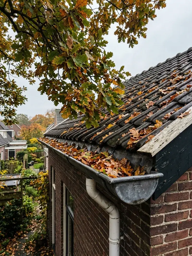 Open dakgoot onder overhangende takken met bladval